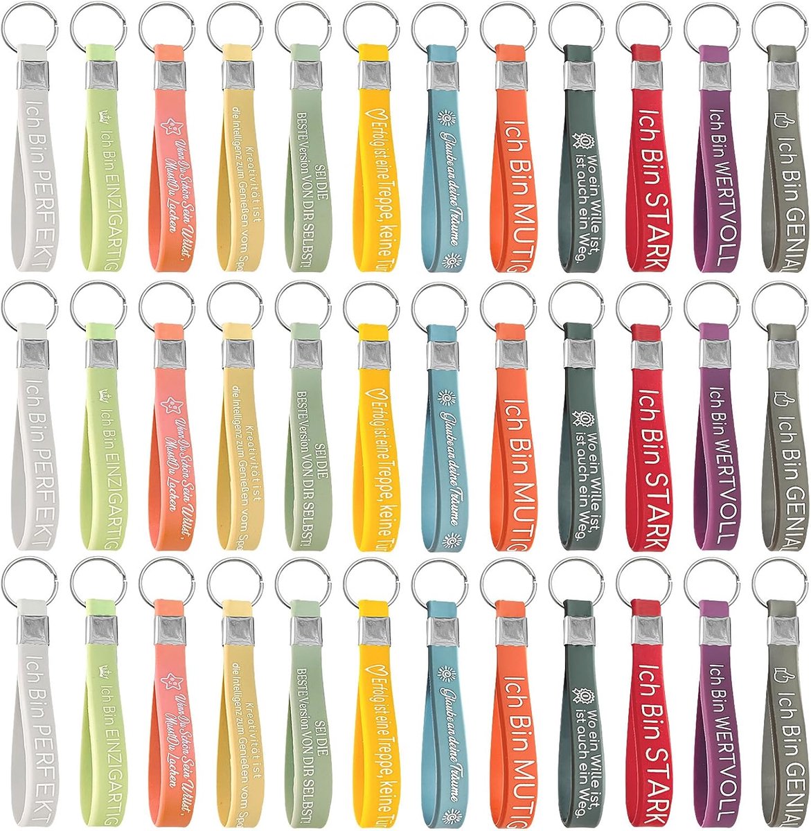 36 stuks inspirerende sleutelhangers, siliconen, sleutelhanger, positieve spreuken in het Duits, motiverende armbanden, rubber, aanmoediging, cadeau voor medewerkers, collega's, tieners
