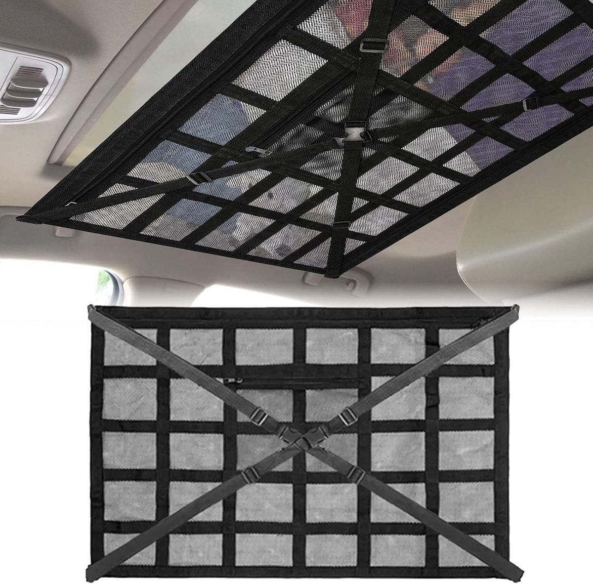 Bagagenet voor de auto, universeel, 78 x 53 cm, autodakdeken met verstelbare kruisbanden, zakken met ritssluiting, dubbellaags polyester, max. 8 kg, voor SUV en bestelwagen