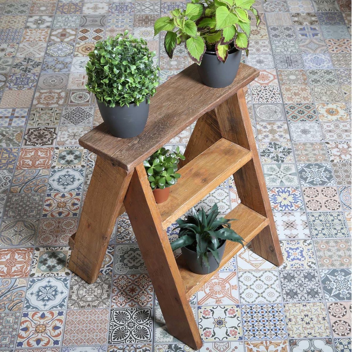 Moro Plantenrek Romano bloemenstandaard traprek 3 planken inklapbare plantenetagère van gerecycled teakhout
