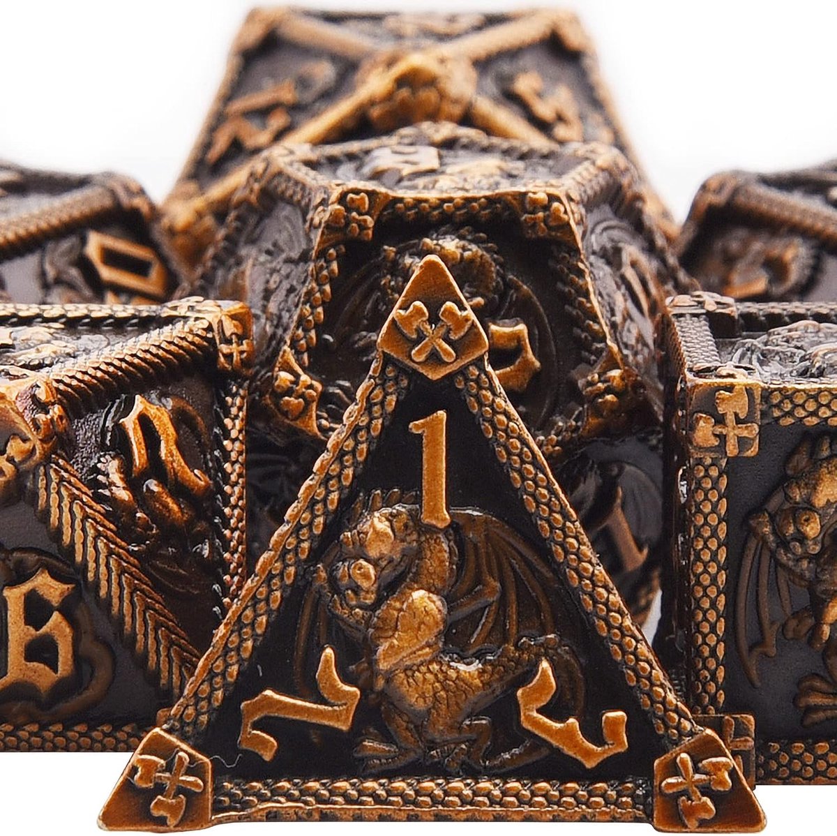 7-Die Metalen Dobbelstenen voor DND Polyhedral Dobbelstenen met Doos D20 D12 D10 D% D8 D6 D4 Dobbelstenen Set voor Kerkers en Draken Rollen Spel RPG MTG Bordspellen (Oud Goud)