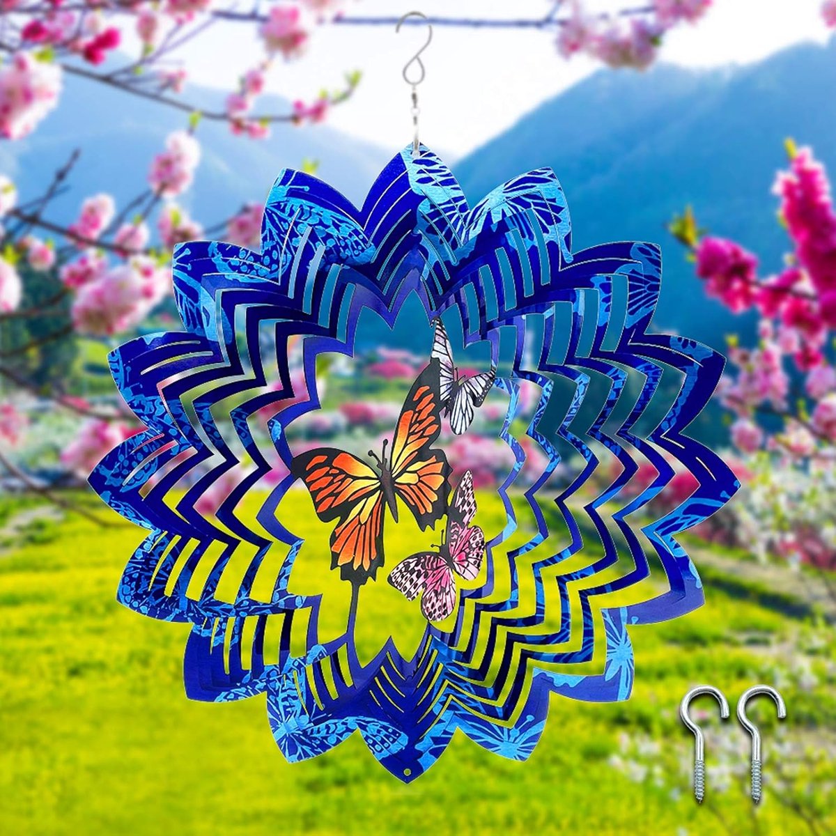 Windspinners voor tuin, metaal, grote hangende buitenwindgong met muurnagels, roestvrij staal, vlinder, windsculpturen (30 x 30 cm)