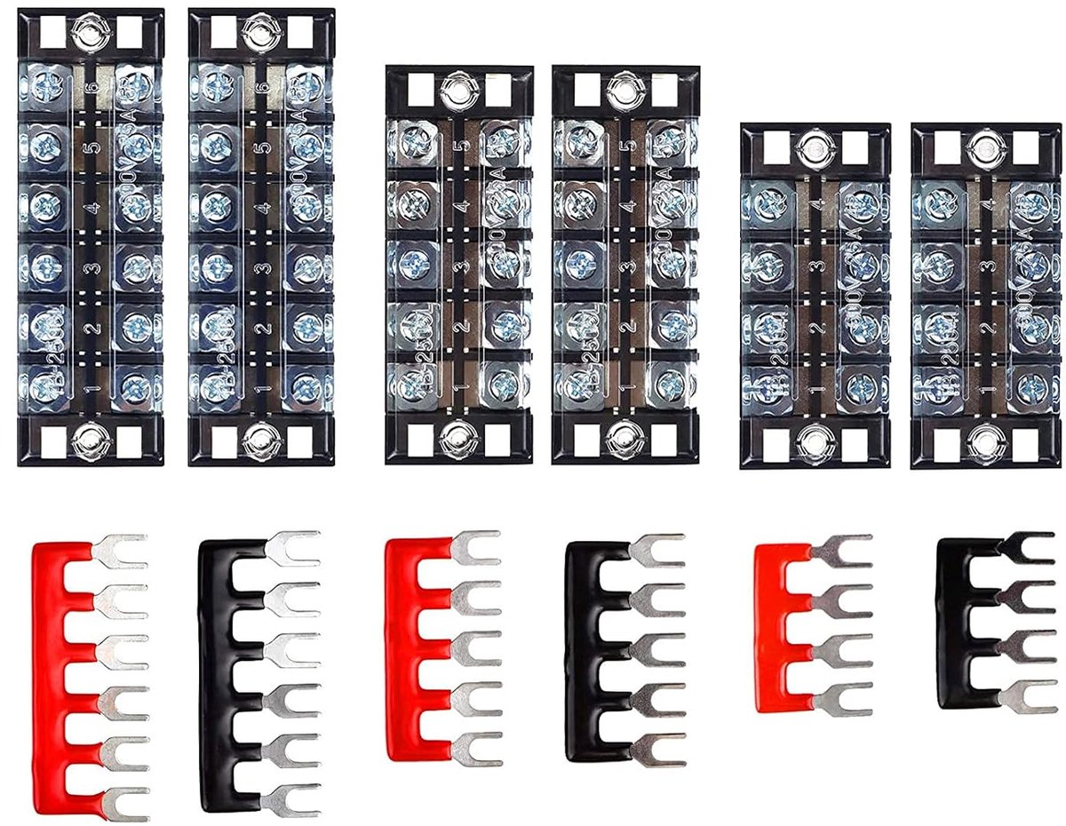 6 stuks schroefklemmenblok (600 V/25 A) 4/5/6 positie dubbele rij bandschroef, 6 stuks rood en zwart barrière strip terminal aansluitstrip voorgeïsoleerd 4/5/6 inch