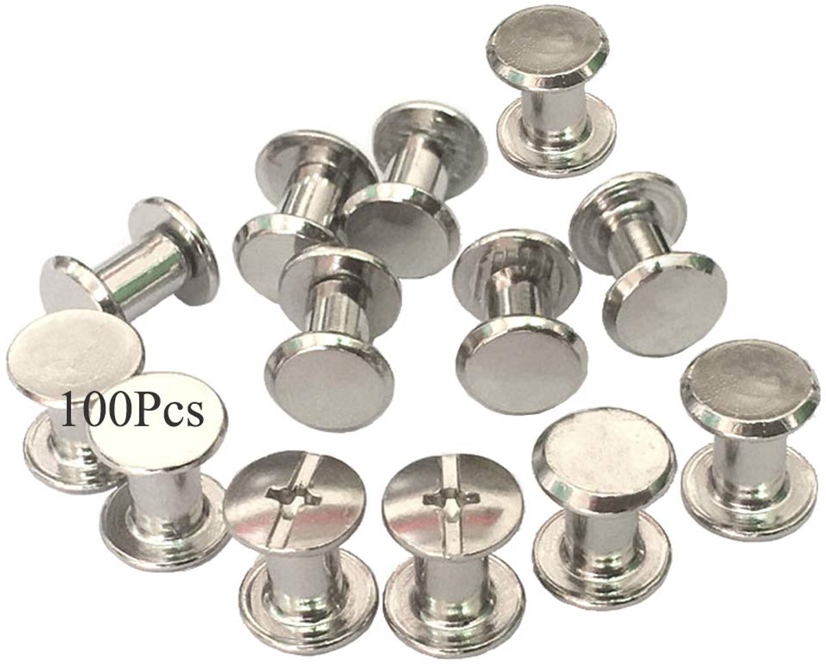 Schroeven, 100 paar, vernikkelde dubbele kap, klinknagels, Chicago binding, schroeven, kit voor doe-het-zelf lederdecoratie, boekbinderij voor leer, boek, papier, riem, menu's, doe-het-zelf