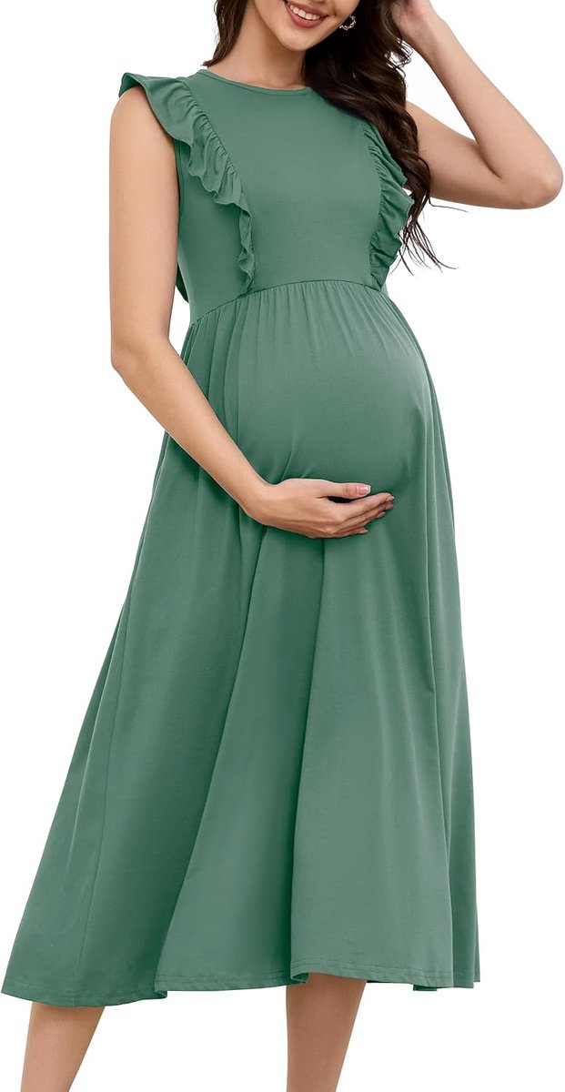 Zwangerschapsjurk 2025 Zomer Verborgen Ritssluiting Nurisng Dress for Breastfeeding Casual Sleeveless Ruffled Midi Pregnancy Clothes