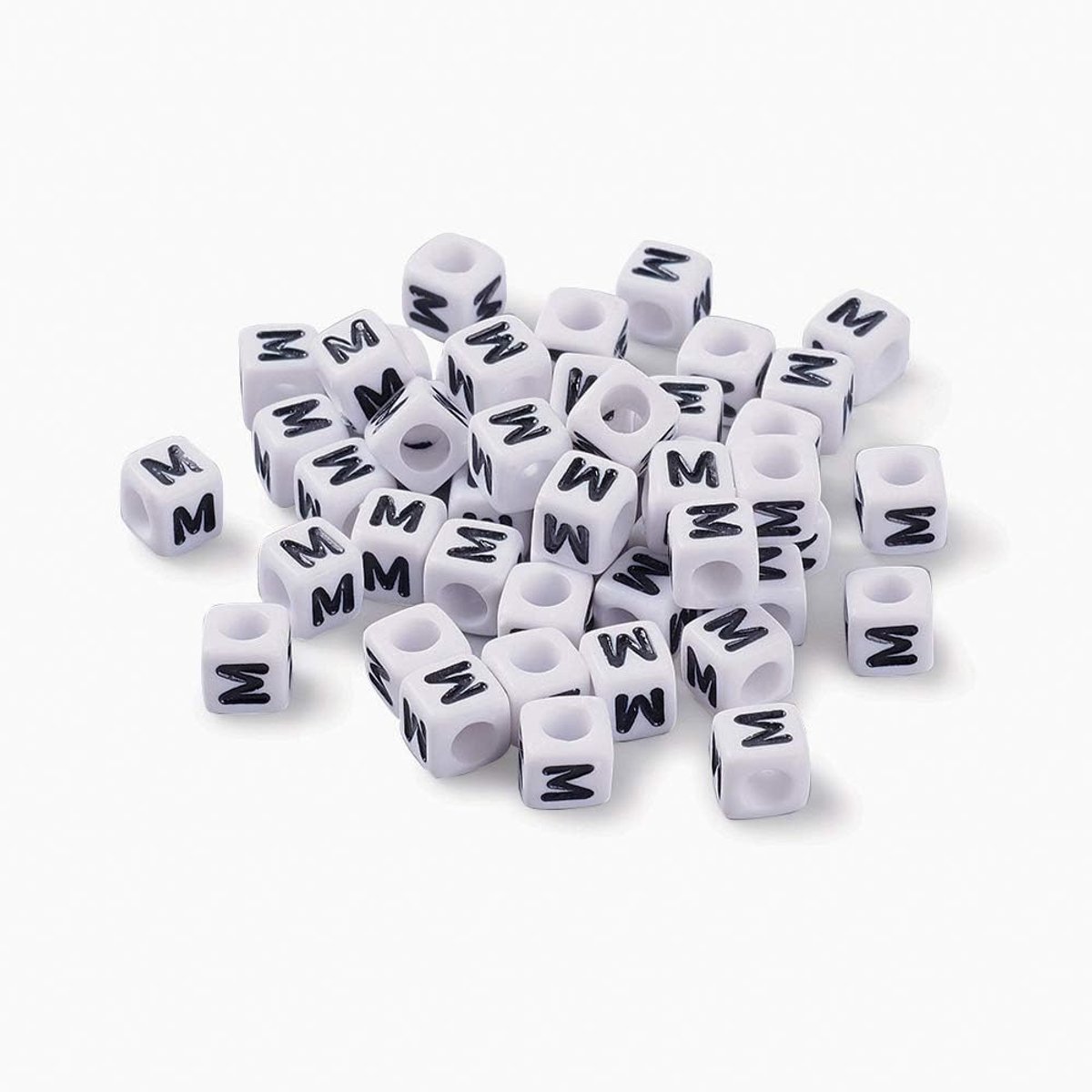 50g/300 stks 6mm Acryl Alfabet Kubus Kralen Letter M Vierkante Pony Losse Kralen Spacers voor Kids Sieraden Armband Maken (Wit)
