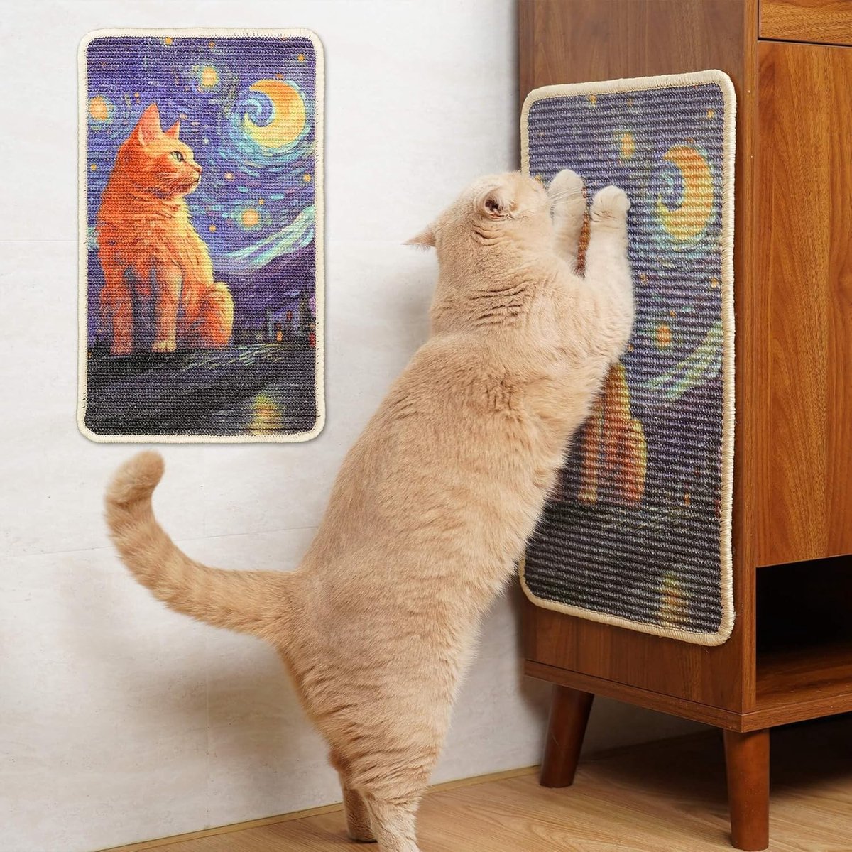 Krabmat voor Kat voor Vloer, Muur, Tapijt, Bank en Meubilair, 56 x 33 cm Krabplank met Klittenband, Anti-Kras Meubelbeschermer (Ginger Cat Star Gaite)