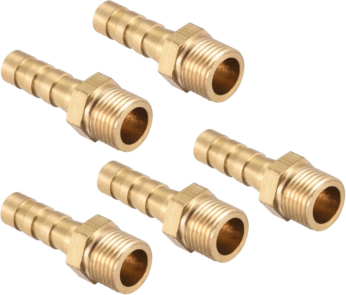 6mm Barb naar G1/8 buitendraad buis x 5st. Messing rechte barf slangkoppeling voor lucht water brandstof pneumatische slang, goud