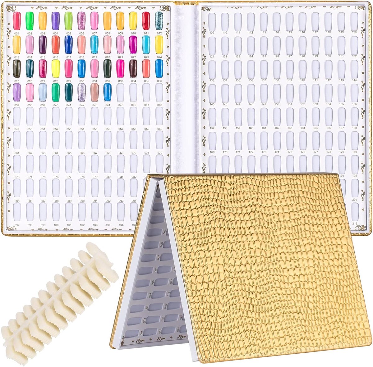 Nagelkleur Display Boek, 216 Kleuren Nagellak Kleuren Grafiek Met 240 stks Nail Tips Nagellak Kleur Kaart Board Nail Salon Gereedschap (Gouden)