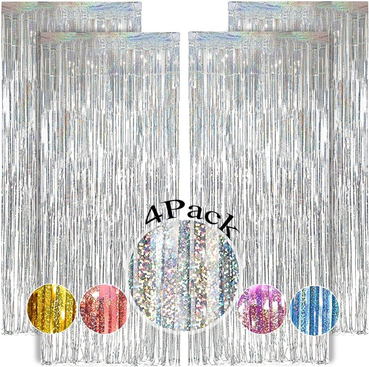 4 stuks zilver metallic gordijn met franjes, glanzend, franjes, aluminium, glinster, gordijn, pailletten, decoratie, feest, bruiloft, verjaardag, Halloween, fotobooth kerstfeest (1 x 2,5 m)