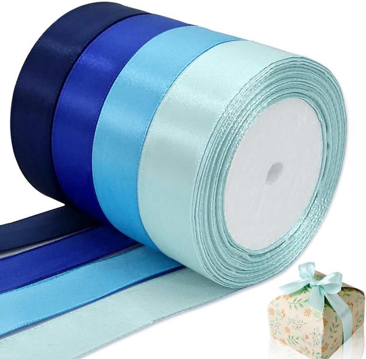 4 rollen blauw satijnen lint, 20 mm cadeaulint, blauw cadeaulint, handgemaakt lint, lint voor het verpakken van bloemen en geschenken (25 yards/rol)
