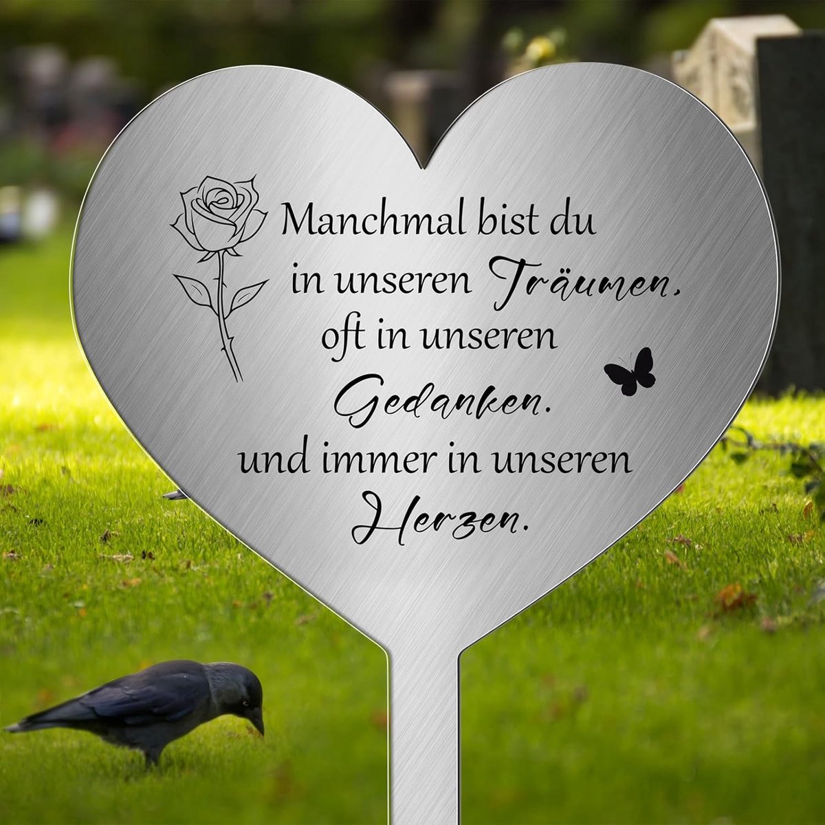 Grafpaal hart van roestvrij staal met opschrift Soms ben je in onze dromen, vaak in onze gedachten en altijd in onze harten, grafversiering
