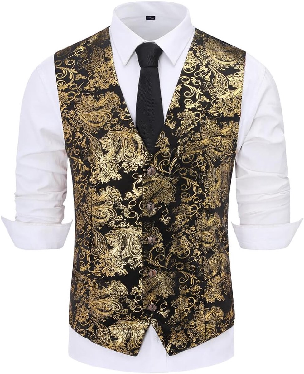 Paisley Jacquard Pak met Vest, Vest met enkele knopenrij, Jurk Vest Slim Fit, Button Down, Prom Formeel Pak, Vest, Vesten