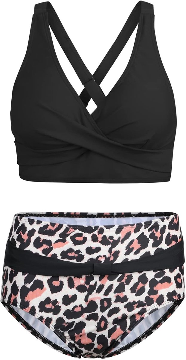 Tweedelige damesbadpakken, bikini met gekruiste top, hoog getailleerde bodem, badpakken voor buikversteviging, badmode met vintage motief