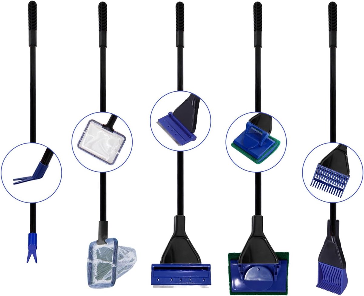 Aquarium Schoonmaakaccessoires, 5-in-1 Aquarium Schoonmaakset - Vangnet, Algenkrabber (Roestvrij Staal), Grindhark, Plantenvork, Spons