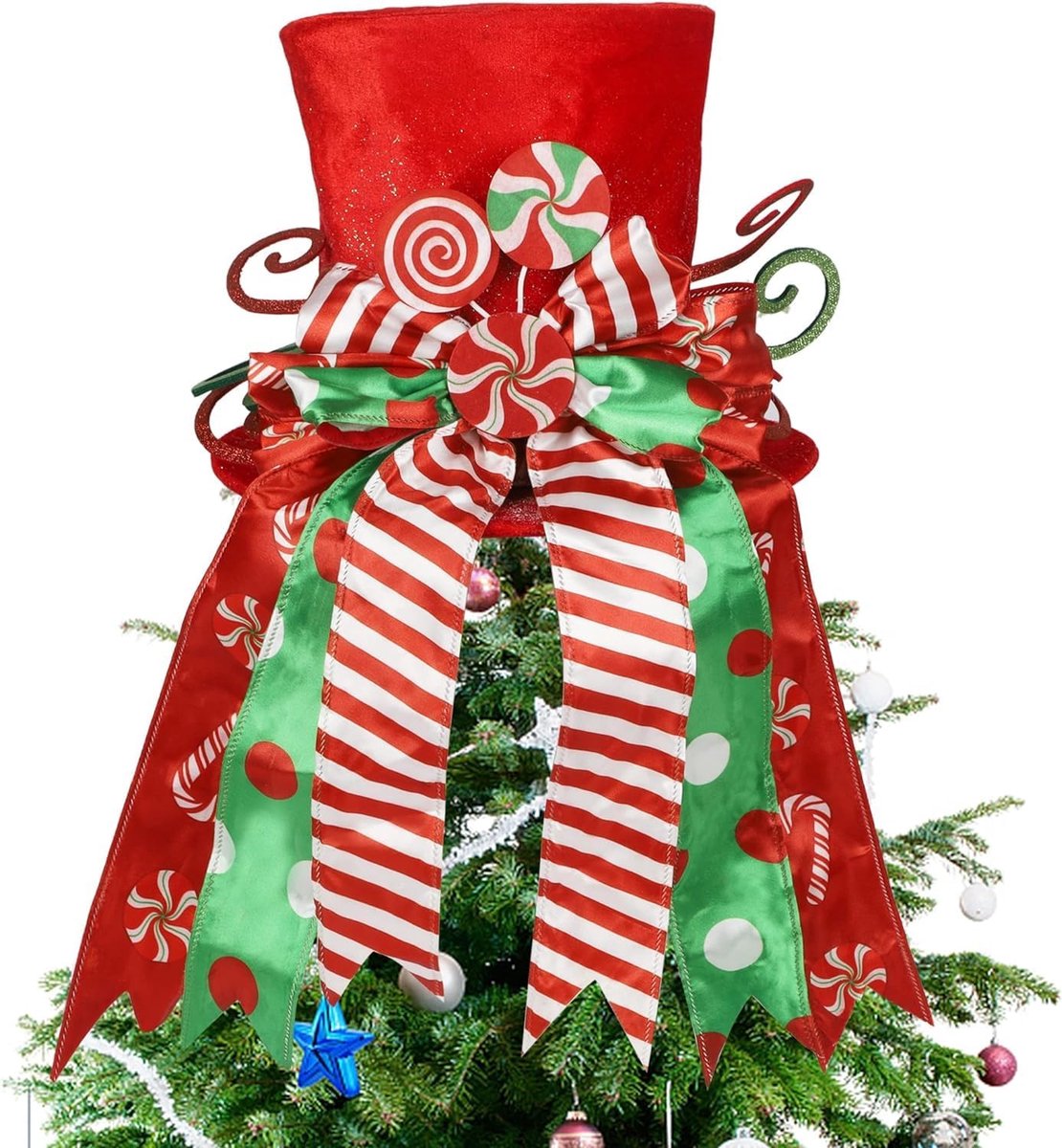 Kerstboomtopper, 30 cm grote rode kerstboom hoge hoed met gestreept strikje lint en lolly voor thuis kerstvakantie winter decor desktop ornamenten
