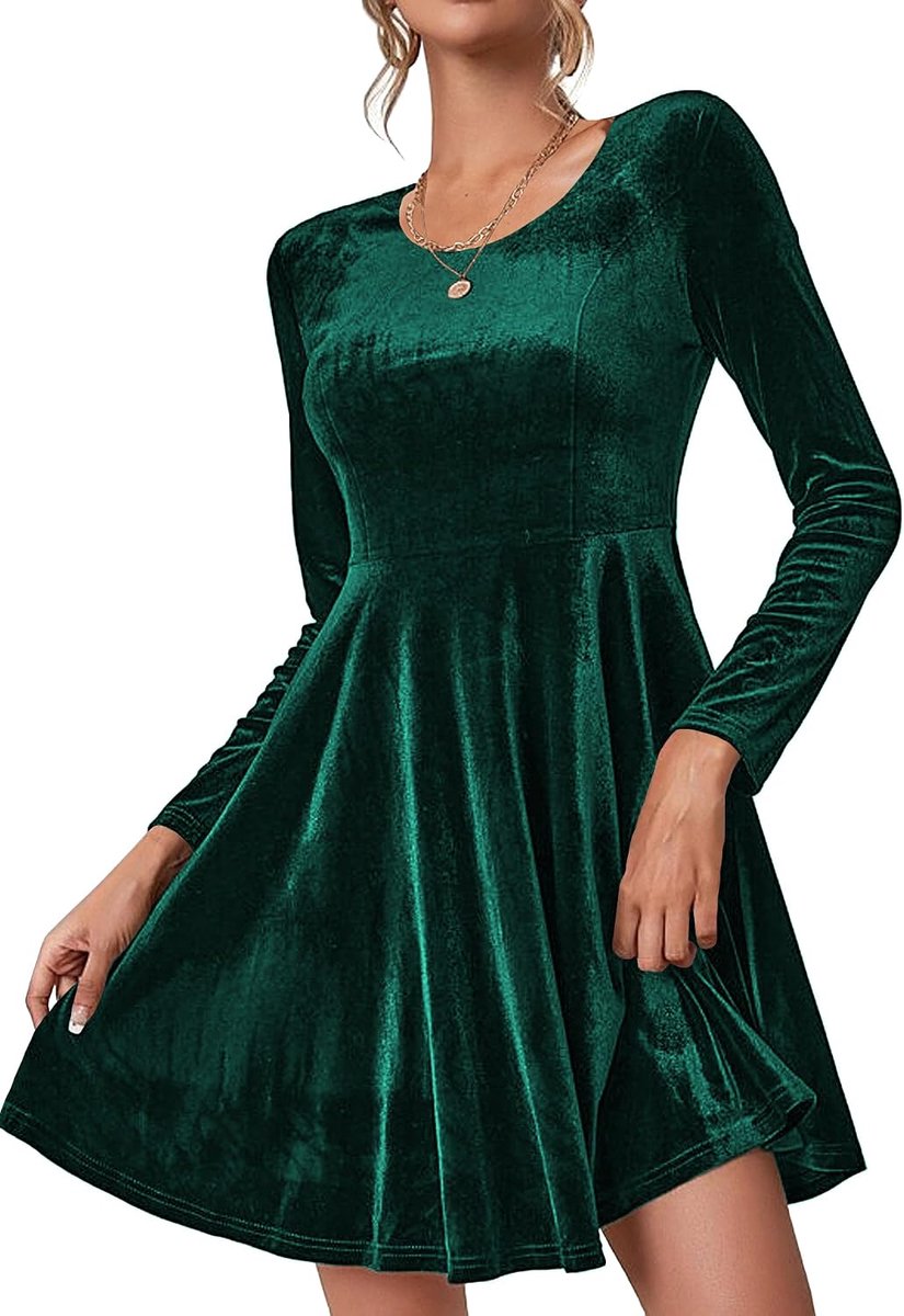 Damesjurk, fluwelen jurk, elegante avondjurk met lange mouwen, cocktailjurk, feestelijke partyjurk, knielang, baljurk, ronde hals, winterjurk