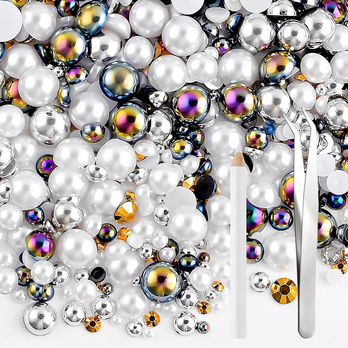 60g Mix Parels en Strass voor Knutselwerk Flatback Strass Halfrond Gemengde Maat 3mm-10mm Flatback Parels voor Knutselwerk DIY Nagelkunst Schoenen Kleding Bekers Mokken (Zwart Wit)