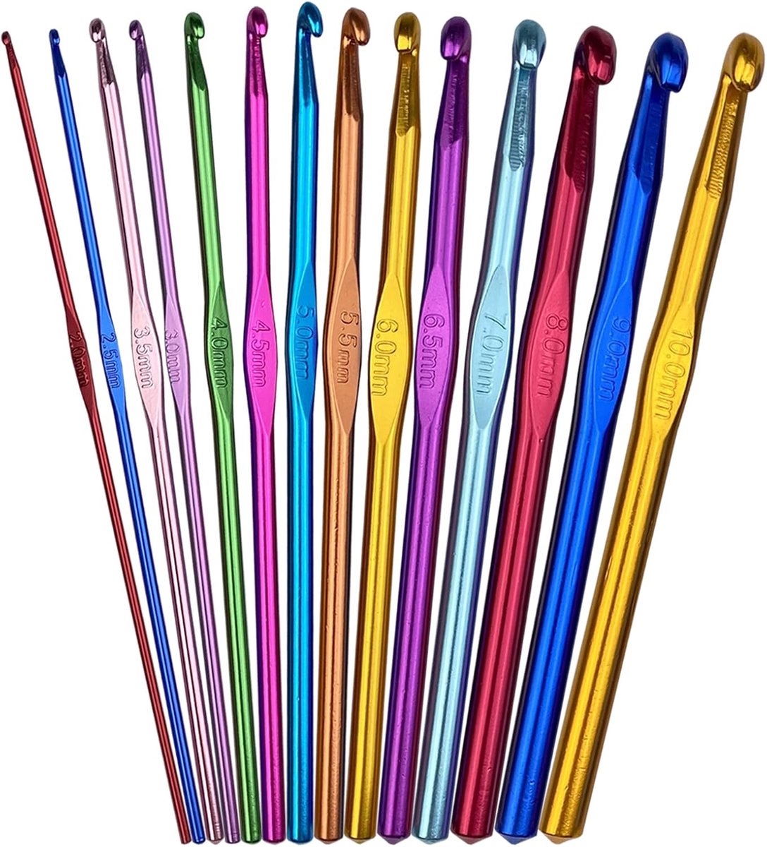 Haaknaaldenset, haaknaalden van kleurrijk aluminium, 14 maten, 2 mm-10 mm, breigereedschap, accessoires voor garen breien, haaknaalden, ergonomisch voor breien handwerk