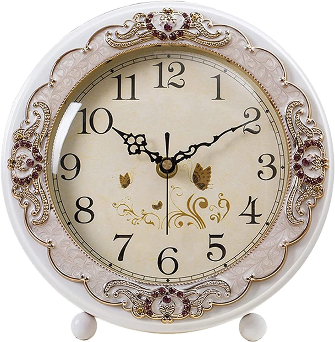 Vintage tafelklok, retro niet-tikkende Europese stijl naast mantel bureauklok, werkt op batterijen, stil kwartsuurwerk voor slaapkamer, woonkamer, binnendecoratie (wit)