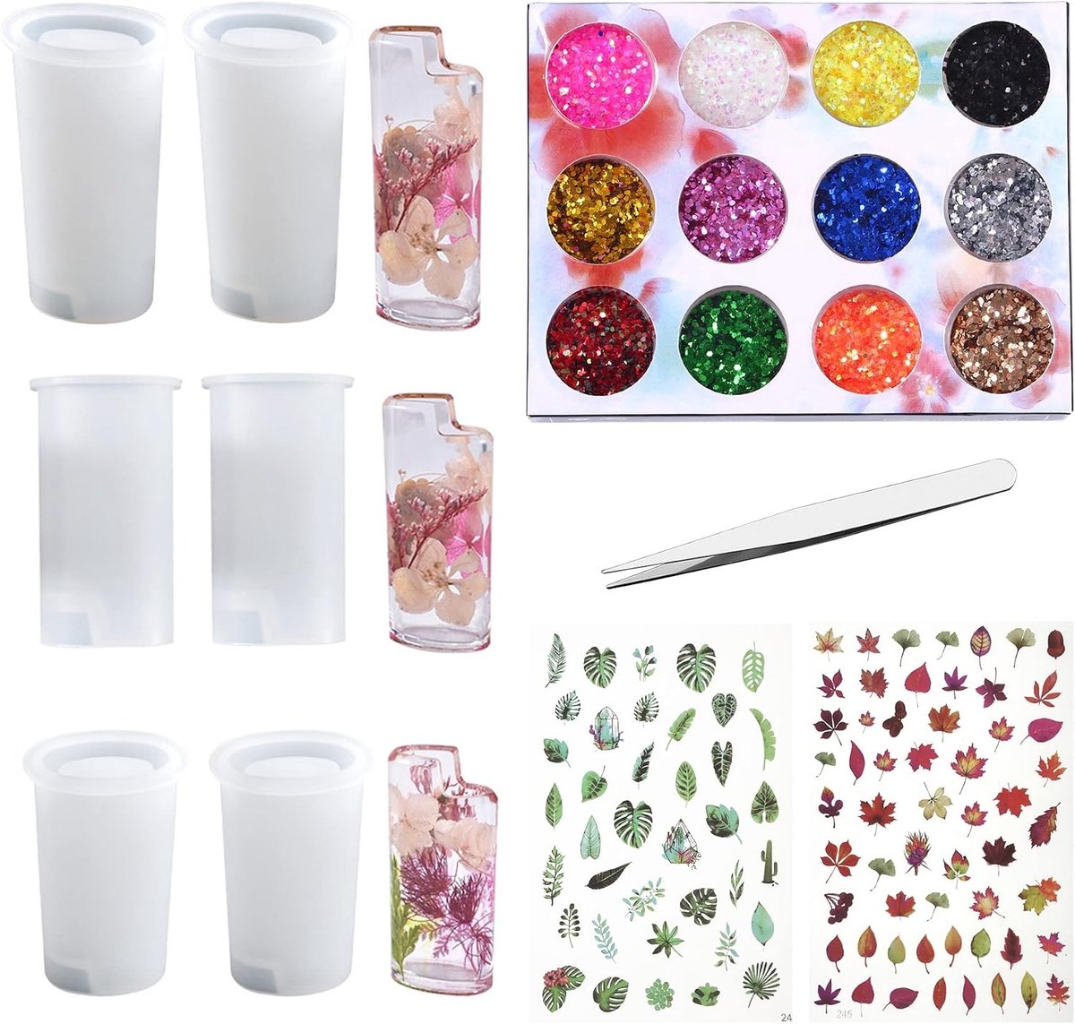 10 stuks aanstekerbehuizing hars mallen set, 3 stuks aansteker case hars gietvorm epoxyhars mallen met pailletten, gedroogde bloemen voor doe-het-zelf ambachten maken