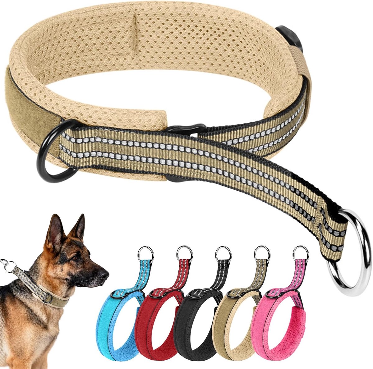 Martingale hondenhalsbanden, trekstop halsband voor honden voor grote middelgrote honden, verstelbare nylon gevoerde brede hondenhalsband voor honden met smalle kop (kaki, XL)