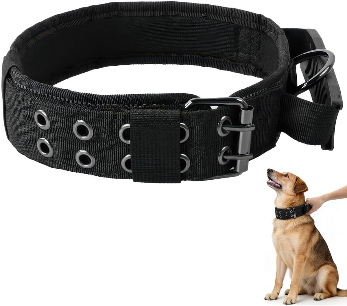 Hondenhalsband,Militaire Verstelbare Halsband (Kleur Zwart, XL) | Gevoerde Hondenhalsband,Halsband met Metalen Gesp voor Honden,voor Jacht, Training en Outdoor,met Reflecterende Strips