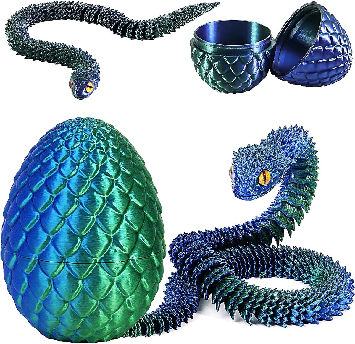 3D Gedrukt Slangenspeelgoed, Pasen 3D Gedrukt Drakenei Slangeneieren, 3D Gedrukt Dieren Speelgoed voor Kinderen Geschenken Bureau Woondecoratie (Blauw-Groen, Klein Ei-H: 8,5 cm)