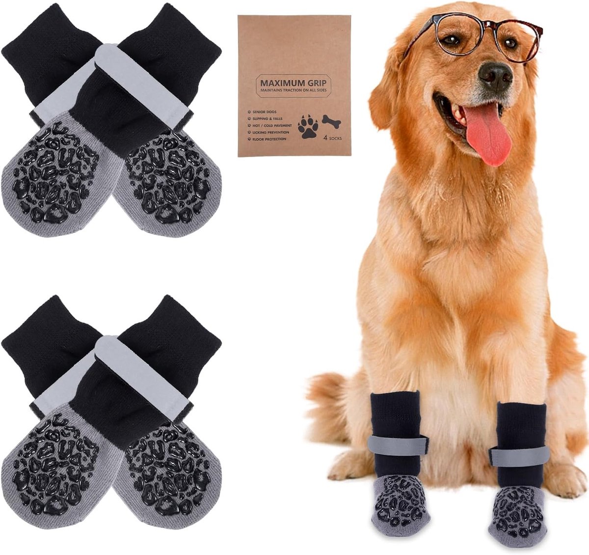4 stuks hondensokken, antislip, antislipsokken hond, hondensokken, lekbescherming, pootbescherming hond, verstelbare klittenbandsluiting, voor binnen en buiten gebruik (XL)