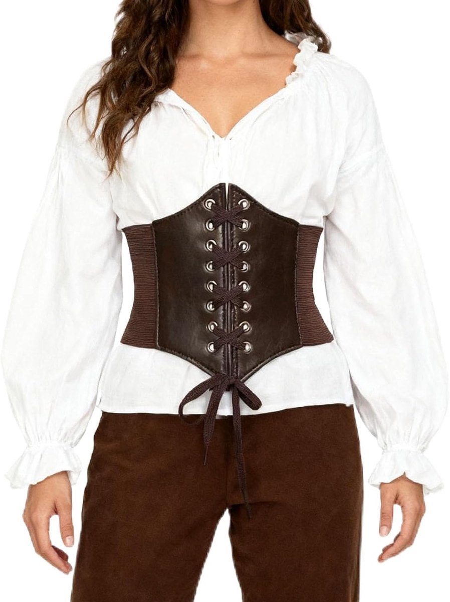 Korset voor dames, piratenkorset, middeleeuwse riem, kostuum voor vrouwen, onderborstkorset, zwart, leer, tailleriem, piratenkostuum, accessoires, riem, gothic, retro, zwart korset voor Halloween