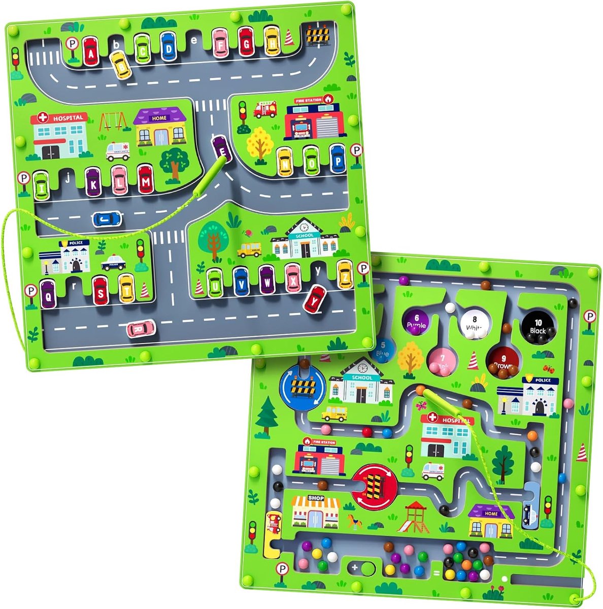2-in-1 magnetisch auto-cijfer-labyrint, magnetisch alfabet-telbord, houten puzzel, Montessori-voorschoolspeelgoed, cadeau voor jongens en meisjes van 3 tot 5 jaar (grote auto, eenheidsmaat)