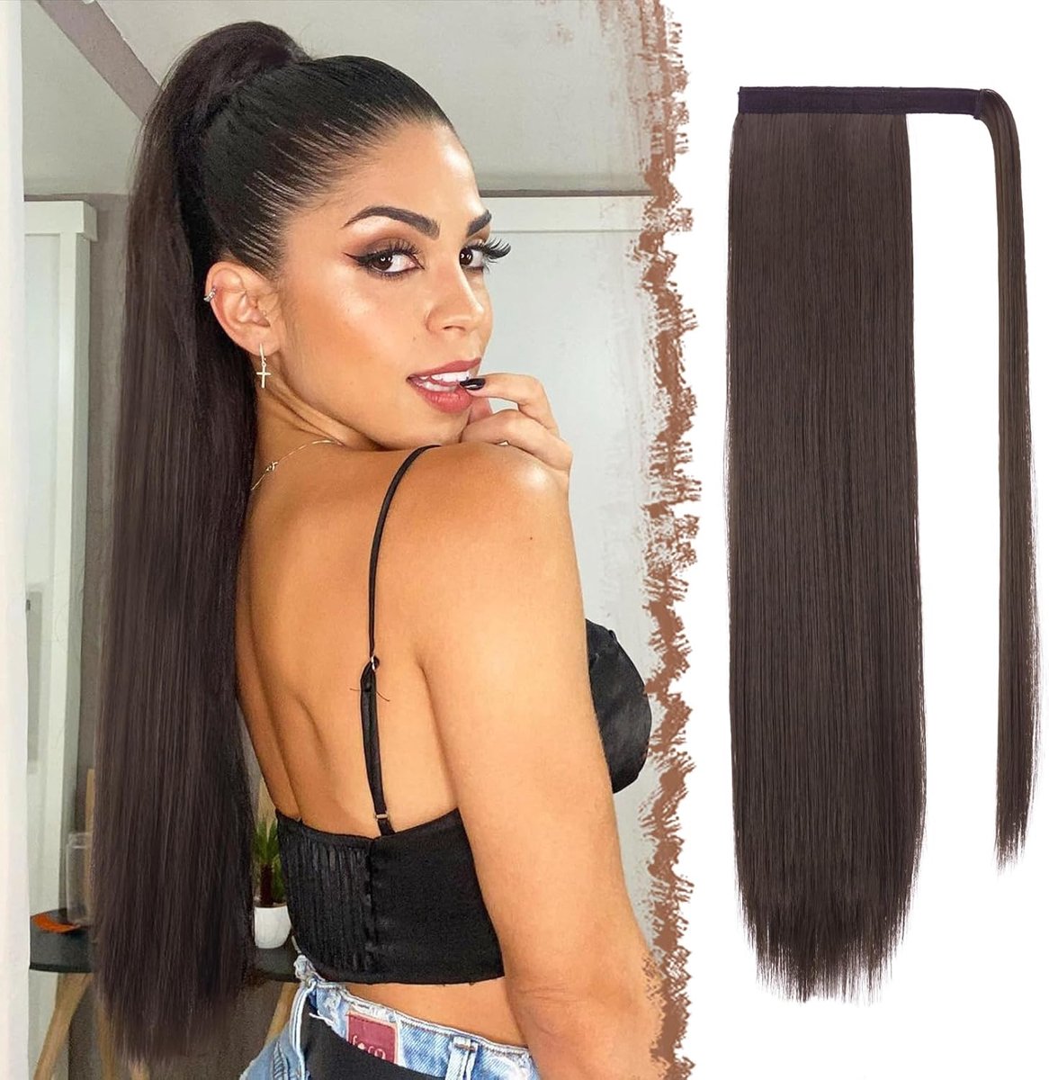 Rechte Paardenstaart Extensions - Lange Donkerbruin Paardenstaarten Natuurlijk Synthetisch Haarstukje Ponytail Haarextensies voor Vrouwen, 70cm