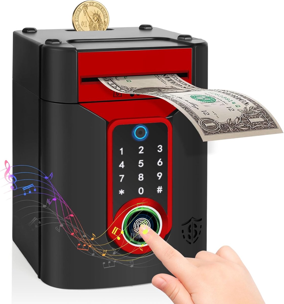 Spaarpot Kinderen, Elektronische Spaarpot Kluis met Aanraakscherm en Vingerafdruk, Kinderen Veilig met Code, Cadeau 3-12 Jaar Jongens Meisjes, Zwart Rood