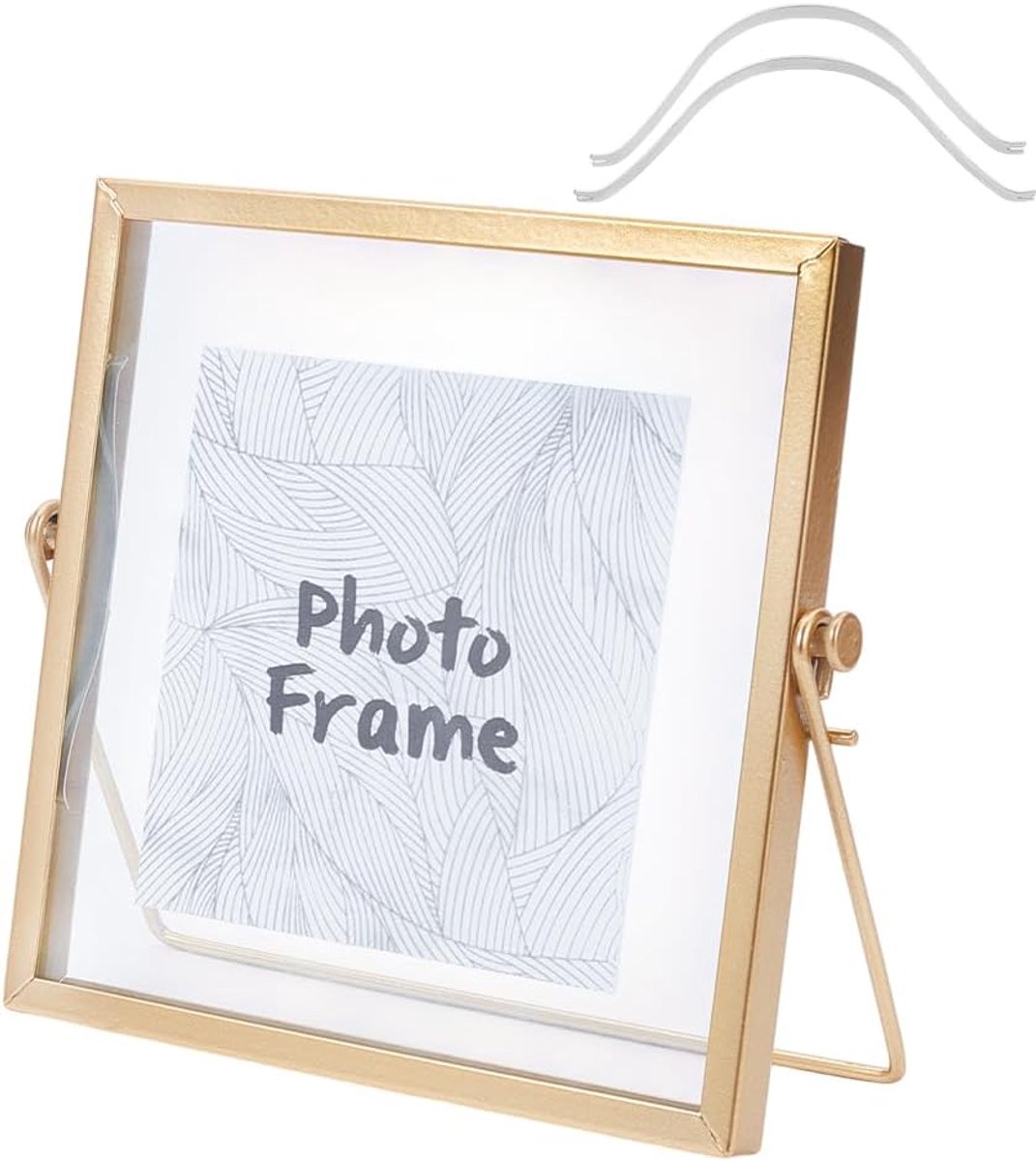 Verticale fotolijst van glas, 16 x 16 cm, goudkleurig metaal, geometrisch, eenvoudig, tafelrek met voorkant voor thuiskantoor, houder