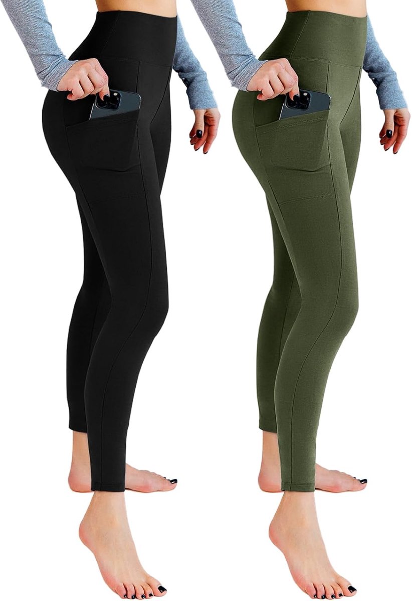 Leggings voor dames, hoge taille, ondoorzichtige leggings met zakken voor work-out, sport, yoga, hardlopen, 2 stuks