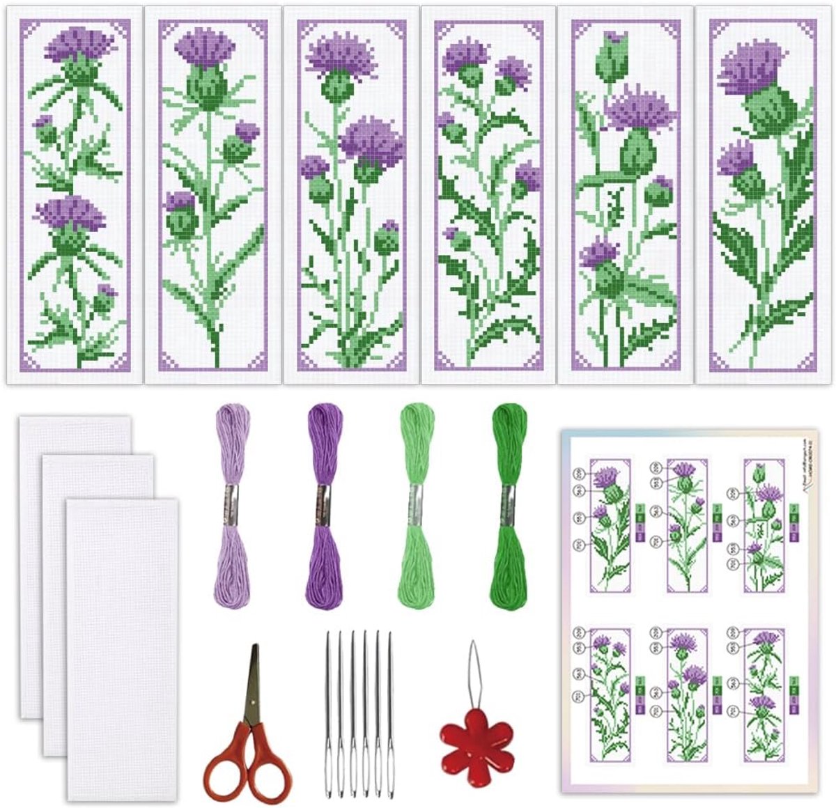 6 Set Cirsium Bloem Kruissteek Bladwijzer Kit voor Beginners Inclusief Katoenen Draad, Aida Doek, Backing Vilt en Engelse Instructies, Borduurwerk Bladwijzer Kit voor Boekenliefhebbers
