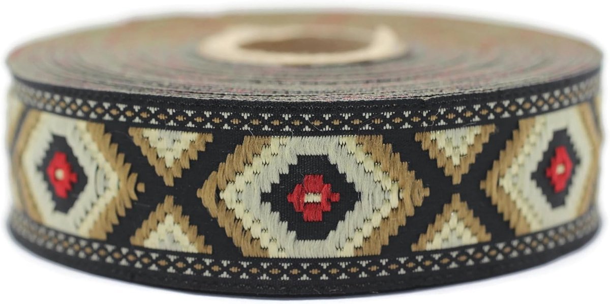 Jacquard lint geweven crème en bruin nacht arabisch 10 m x 25 mm - rollen borduurlint voor naaidecoratie 25952-V2