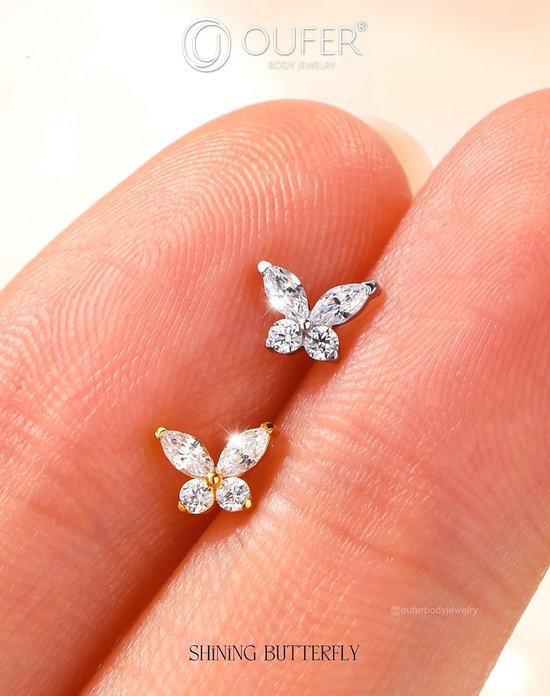 Body Piercing 18G Surgical Steel Lip Piercing Hypoallergenic Butterfly Helix Stud Clear Cubic Zirconia Tragus Conch Labret Piercing Jewelry 6/8mm Flat Back Earring — afbeelding 4