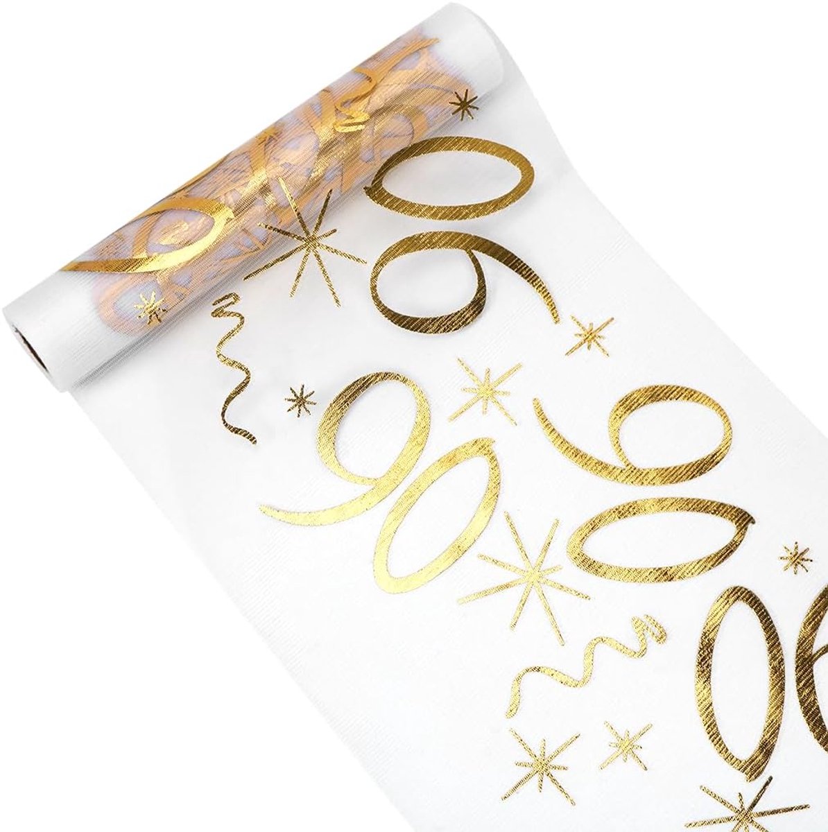 Tafelloper 90e verjaardag decoratie 28 cm x 10 m, gouden rol, voor vrouw en man, jubileum viering feest