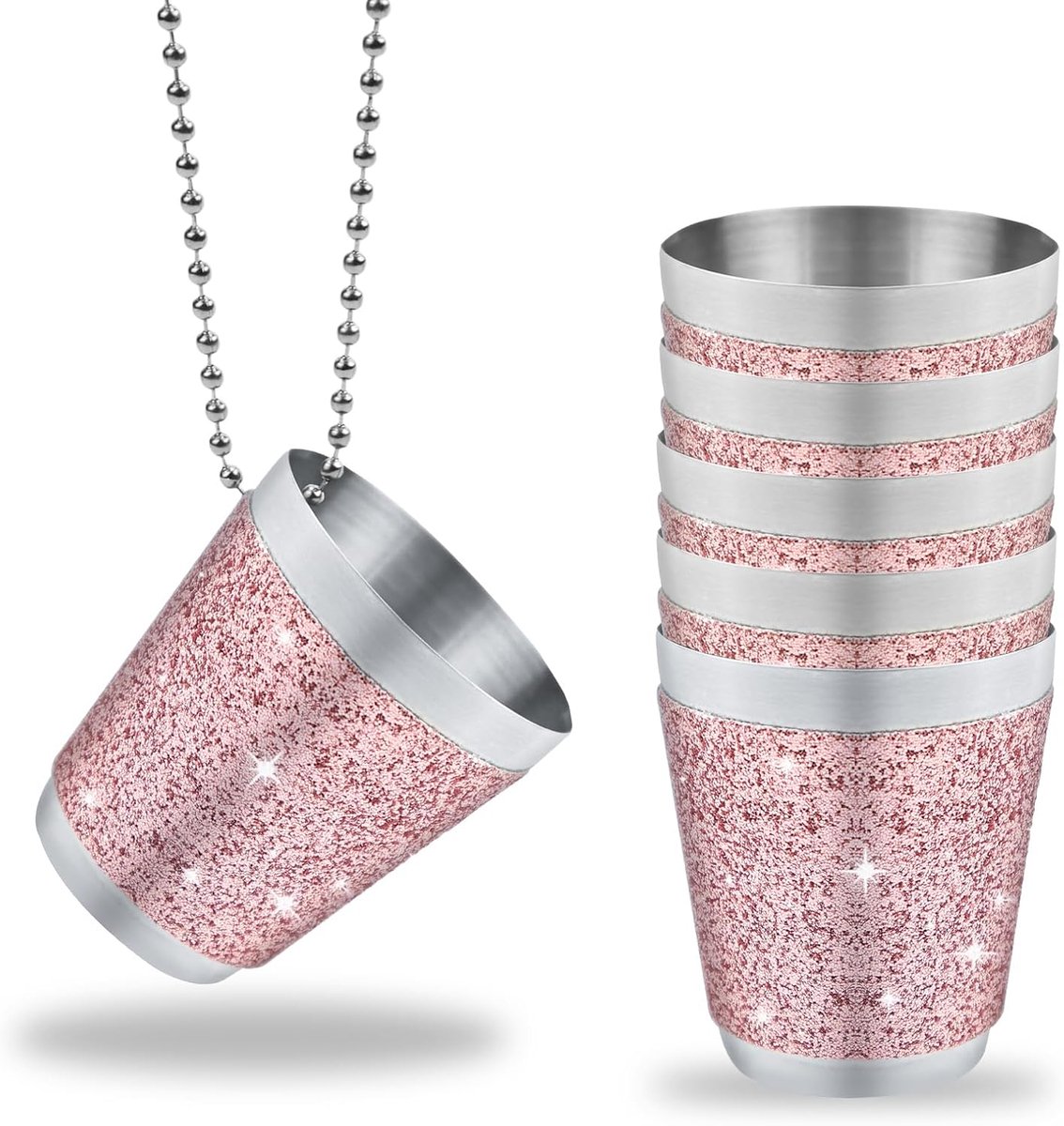 Borrelglazen om om te hangen, 6 stuks, roestvrij staal, met ketting | 3 cl borrelglazen roestvrij staal met ketting roze, voor bruidsfeest, huwelijksfeest, vrijgezellenfeest, carnaval
