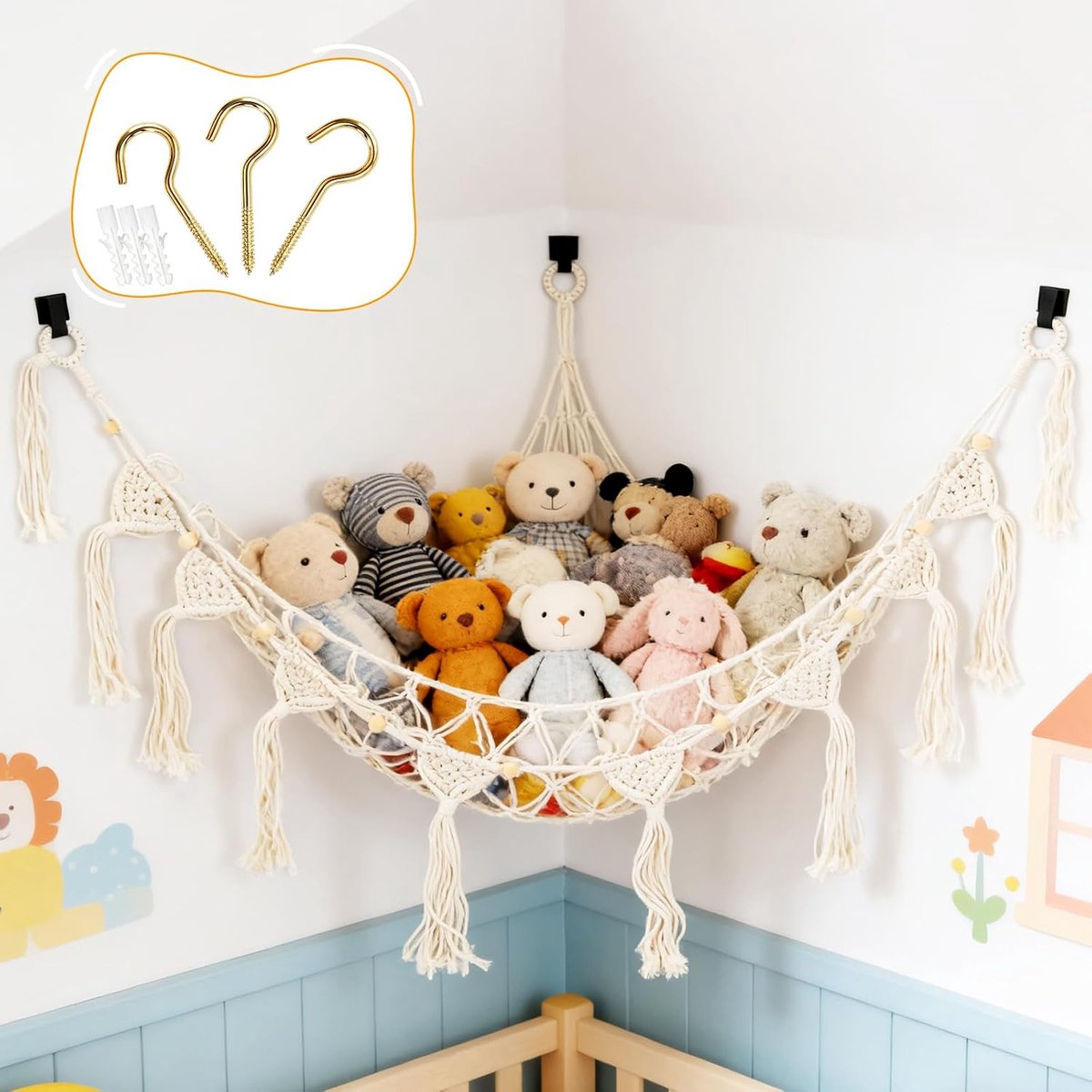 Knuffeldier Opbergnet, knuffeldier, opslag, boho macramé hangmat, hangende organizer, kinderkamer, knuffeldier, speelgoed voor pluche dieren, teddyberen, wit, 150 x 100 x 100 cm
