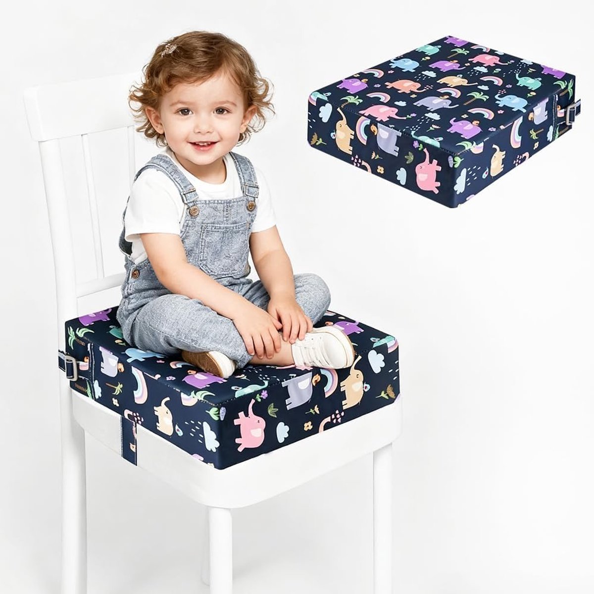 stoelverhoging, zitkussen voor kinderen, PU wasbaar, demonteerbaar, eetkamerstoel, verhoging pad met 2 veiligheidsgespriemen, antislip stoelverhoging voor kinderen, 32 x 32 x 8 cm