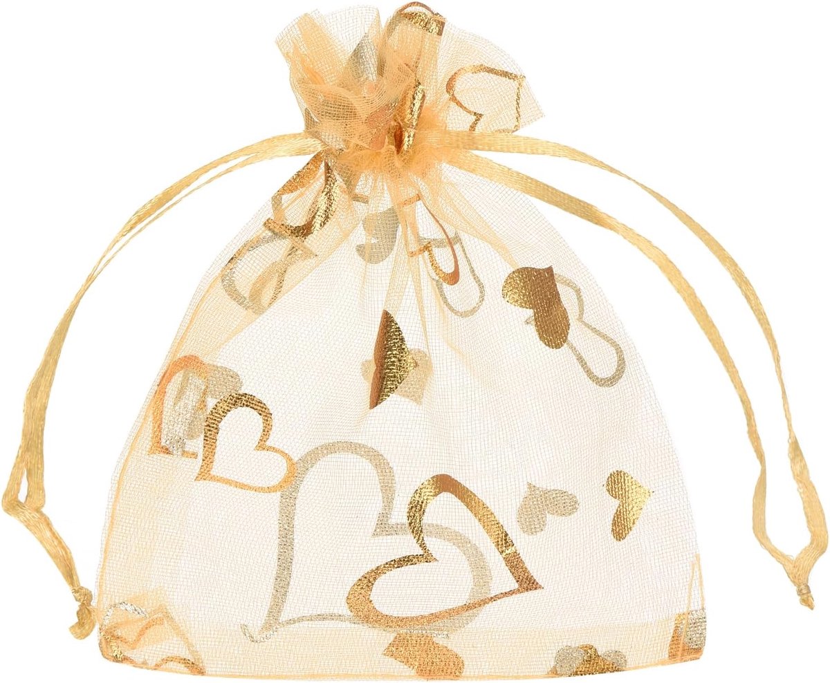 Organzazakjes, 50 stuks, 10 x 12 cm, cadeauzakjes, sieradenzakjes, hartpatroon, mesh-zakjes met trekkoord, organzazakjes voor bruiloft, feest, Kerstmis, snoep, goud