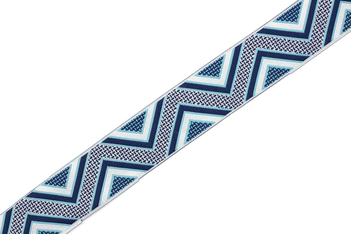 Jacquard lint geweven blauw en wit visgraat 10 m x 25 mm - rollen borduurlint voor naaien decoratie 25706-V2