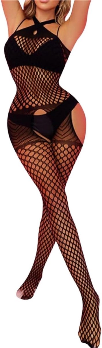 Sexy dameslingerie met kousen, bodystocking houder, gekruist, catsuit, babydoll, 1 stuk, panty van netweefsel, transparant, elastisch, hot perspective, nachthemd, ondergoed