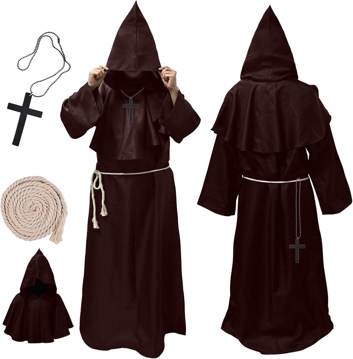 Halloweenkostuum voor heren, robe monnikenkostuum set met capuchon koord, kruis, monnikmuts voor Halloween, carnaval, themafeest en rollenspel, carnavalskostuums voor mannen