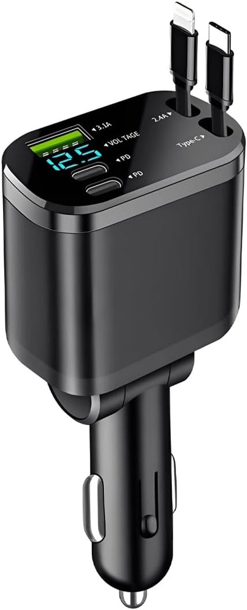 5-in-1 autolader USB C – snel opladen [compact] [spanningsindicator] opvouwbare autolader met intrekbare kabels, voor iPhone/Samsung