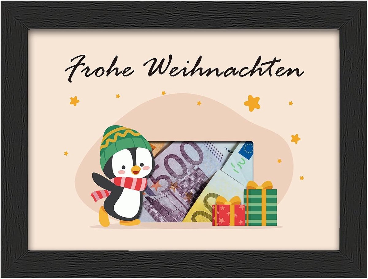 geldgeschenkverpakking, Kerstmis, zwarte fotolijst met pinguïn, kerstkaart, grappige geschenkverpakking, kerstcadeaus voor kinderen, vrouwen, familie