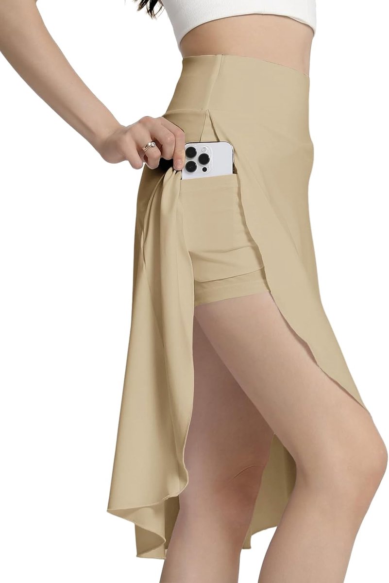 Damesrok met korte broek, atletische rok met hoge taille, met zakken, midi-lengte, vloeiende rok met split aan de zoom met ruches