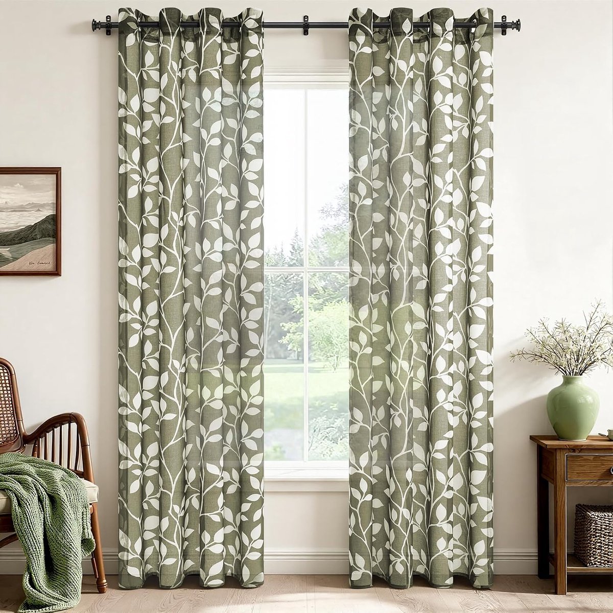 Gordijnen met oogjes, olijfgroen, transparant, 240 x 140 cm (H x B), set van 2, gordijnen, bladerprint, patroon, olijfgroen, voor slaapkamer, woonkamer, keuken en kinderkamer
