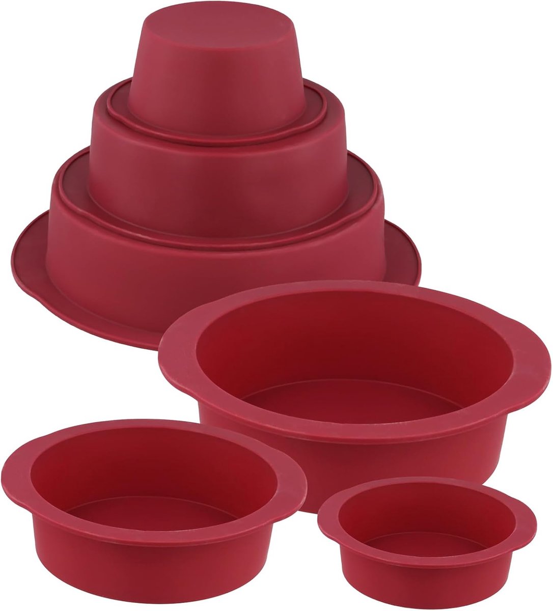 6-delige set siliconen bakvormen 12/14,6/19,8 cm, rood, ronde bakvorm, anti-aanbaklaag, anti-aanbakvorm voor cake, pudding en dessert